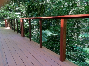 Finished deck, PVC "Ipe" decking, Mahogany posts and rails, Stainless Steel cabling.